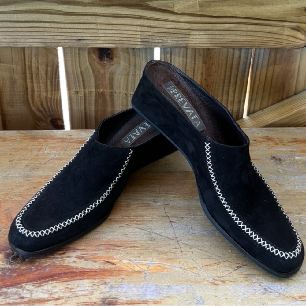 Prevata Italian Heeled Mules Black Suede & Contrasting Cream Stitching 8.5 AAA